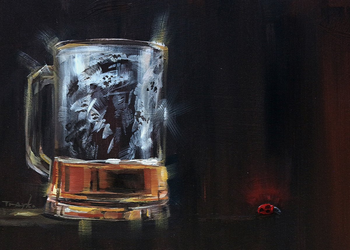 Expressive Still Life Acrylic Painting By Trayko Popov, 14 X 10", Last Beer | Drink | Ladybug, Original Artwork