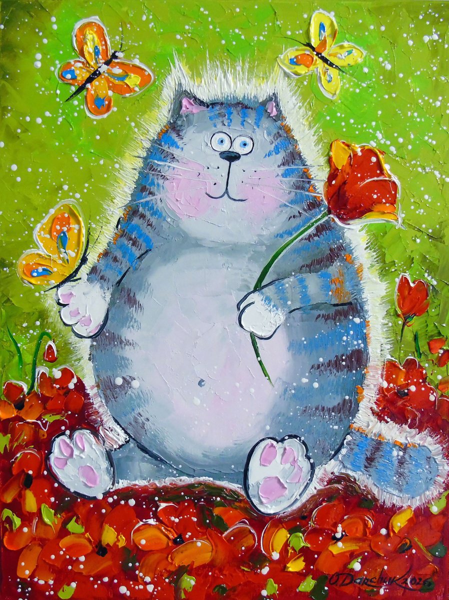 Cat In A Flower Paradise By Olha Darchuk, 12 X 16, Artwork For Sale On Artfinder