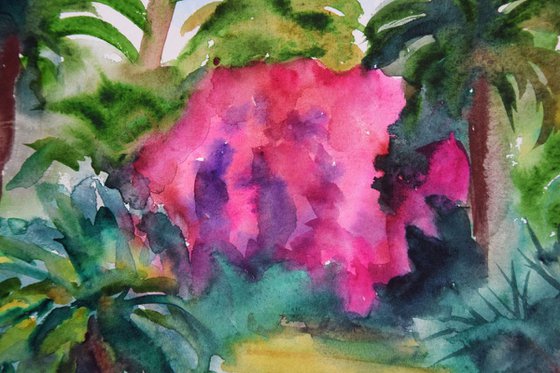 Spanish watercolor painting Tropical blossoming forest on Canary Islands