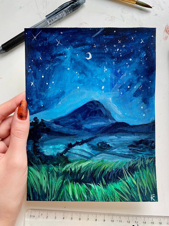 Starry Night Original Gouache Painting, Mountain Artwork, Moon Wall Art, Cottagecore Aesthetics