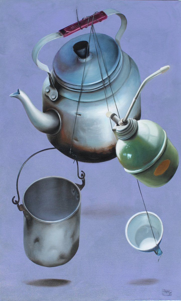 Surrealistic Still Life Oil Painting By Nicoletta Bagatti, 20 X 31", Giro Tondo - Sospesi 11, Original Artwork