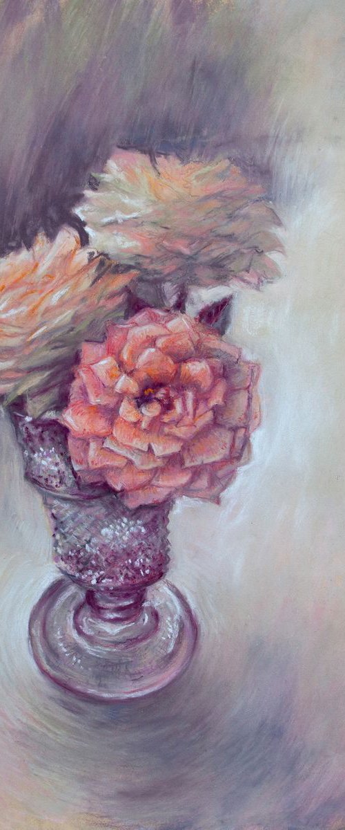 Garden roses in glass - pastel drawing by Liliya Rodnikova