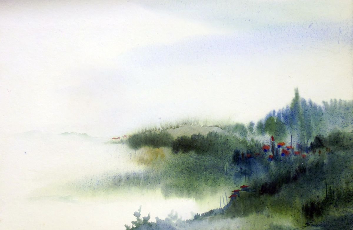 Cloudy Himalaya Mountain Landscape - Watercolor on Paper by Samiran Sarkar