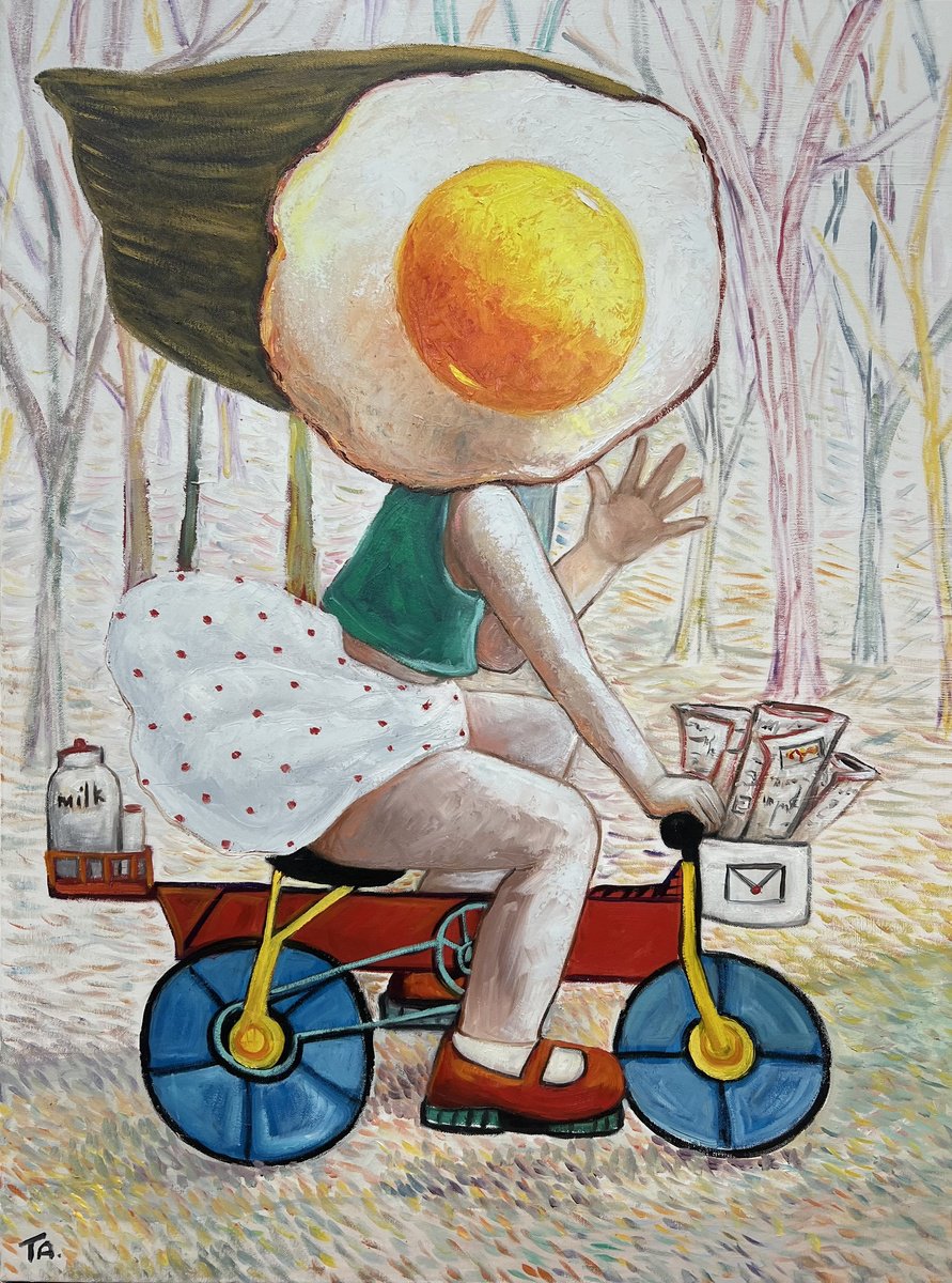 Surrealistic Portrait Oil Painting By Ta Byrne, 24 X 31", Egg Girl On Her Bike, Original Artwork