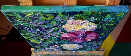 Flowers textured oil painting on canvas, Anemones with palette knife