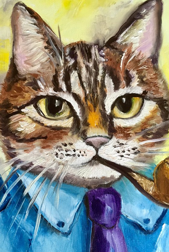 Troy The  Cat, portrait with a pipe and tie   oil painting for cat lovers