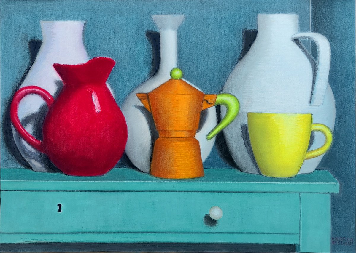 Impressionistic Still Life Pastel Drawing By Andrea Vandoni, 29 X 21, Receptacles - 3, Original Artwork