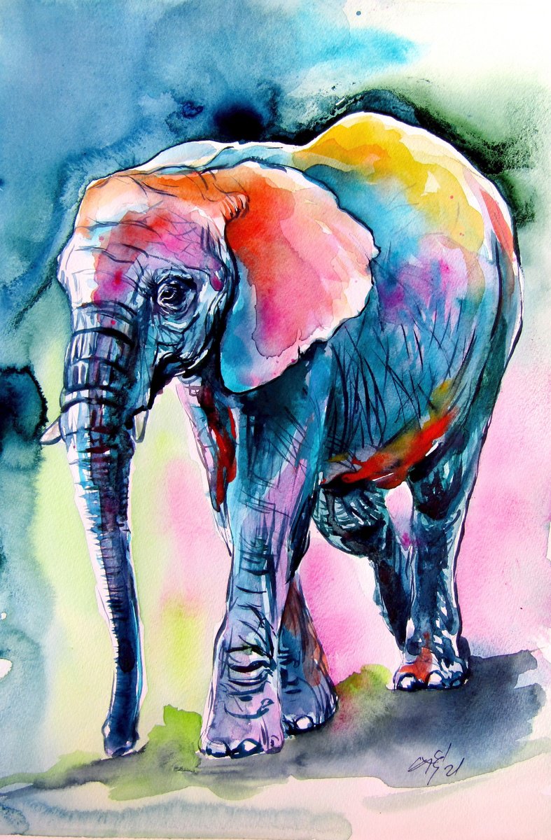 Impressionistic Animal Watercolour By Kovacs Anna Brigitta, 10 X 15", Elephant At Night, Original Artwork