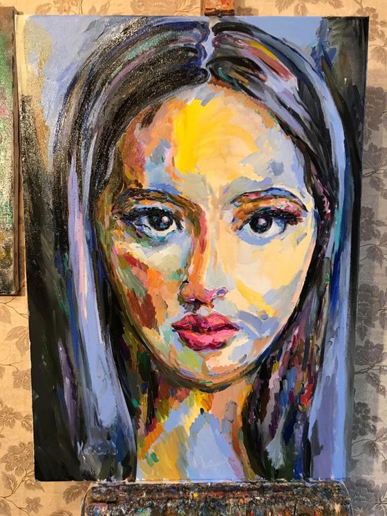 FEMALE PORTRAIT - original oil painting, love feelings sense, blue 100x70