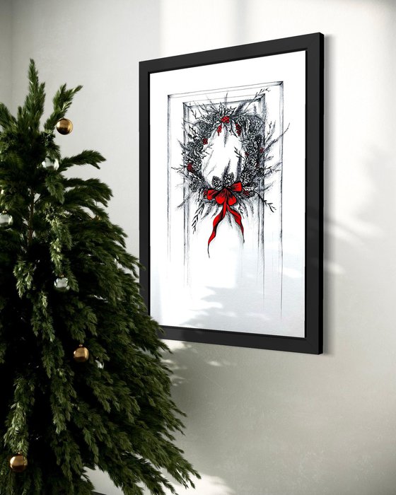 CHRISTMAS WREATH WITH A RED RIBBON