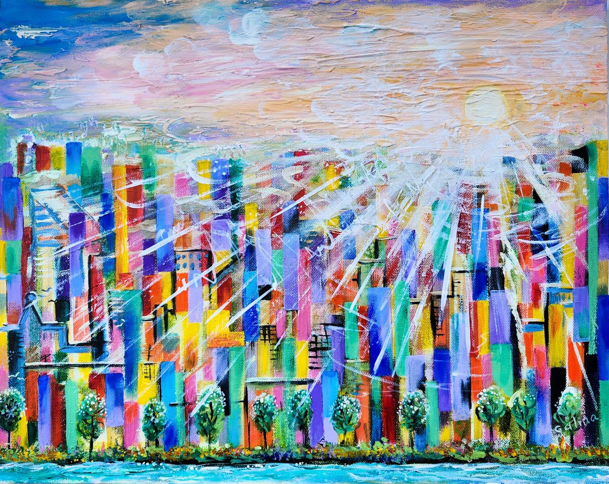 Expressive Abstract Acrylic Painting By Galina Victoria, 20 X 16, Sunlight In The City, Original Artwork