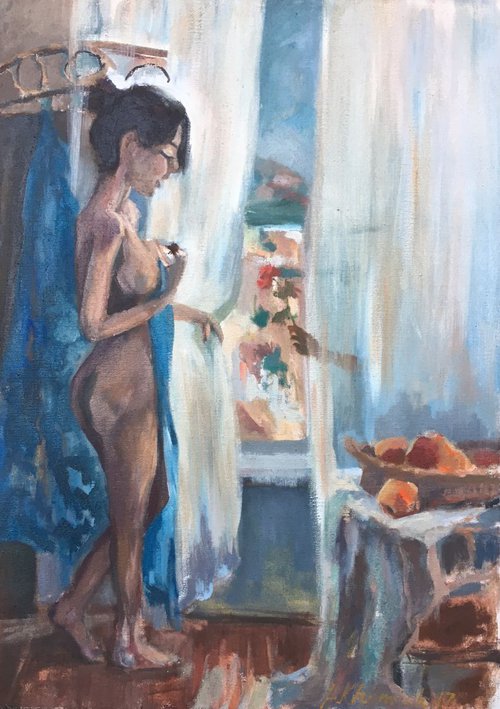 Nude Painting naked girl flower, Original oil paintings 28", Romantic oil painting, free shipping by Leo Khomich