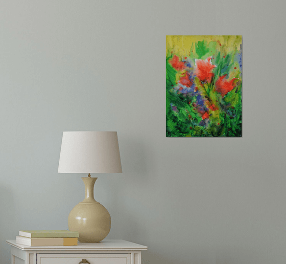 Abstract flowers watercolor painting, red poppies wall art, abstract original painting