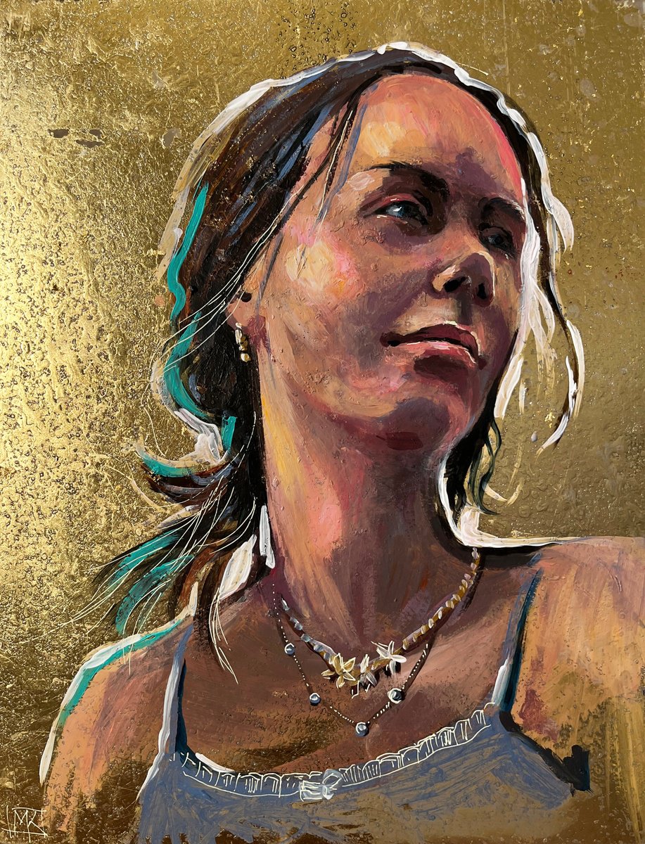 Impressionistic Portrait Acrylic Painting By Maria Kireev, 13 X 17", Gilded Reverie, Original Artwork