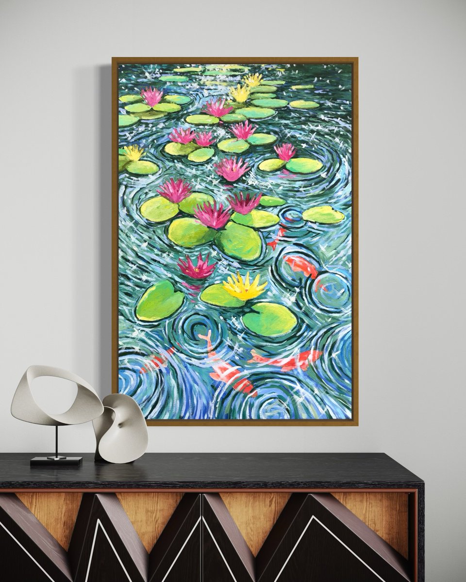 Impressionistic Botanical Oil Painting By Volodymyr Smoliak, 24 X 35", Waterlily With Koi Fish, Original Artwork