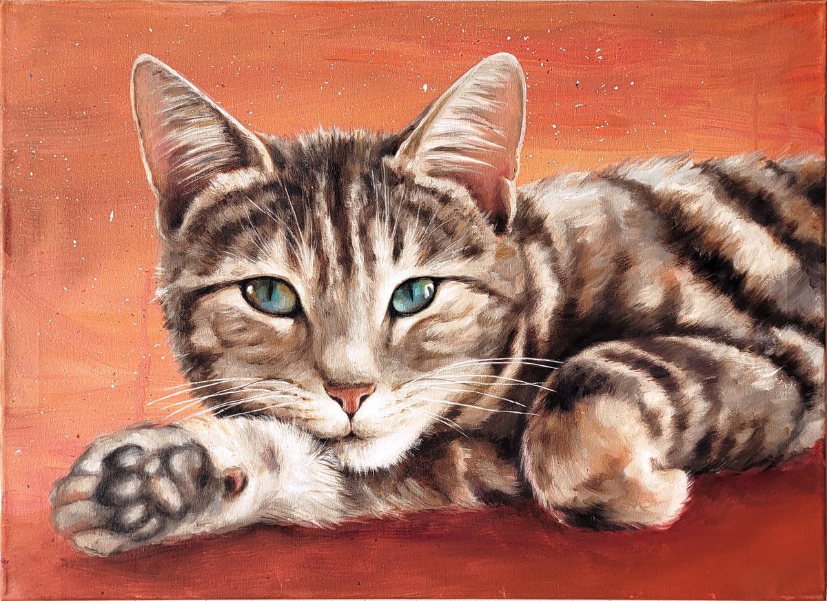 Animal Oil Painting By Lisa Braun, 28 X 20", Turquoise Eyes And Velvet Paws, Original Artwork