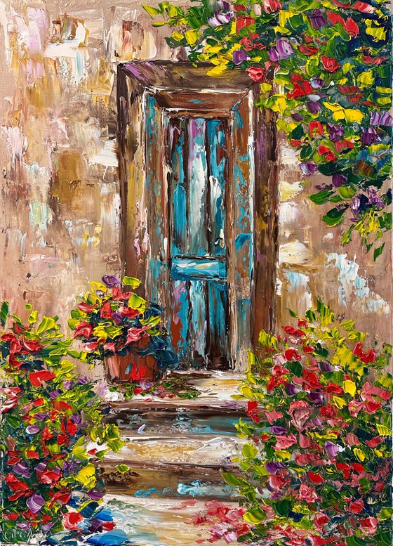 Old door with flowers