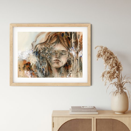 I Was Born in the Right Time, Woman Portrait Painting with Abstract Nature and Text