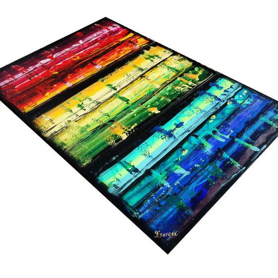 Rainbow A352 Large abstract paintings Palette knife 100x150x2 cm set of 3 original abstract acrylic paintings on stretched canvas