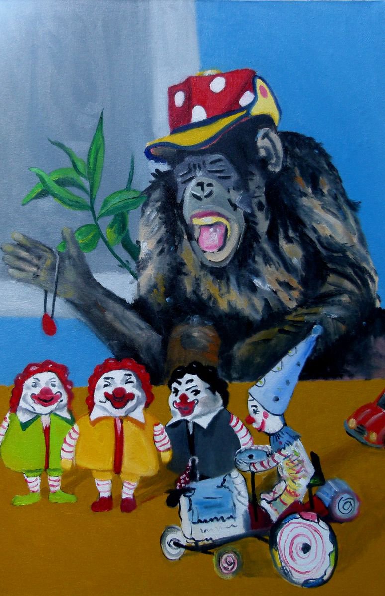 Expressive Animal Oil Painting By Soso Kumsiashvili, 31 X 47", Clown, Original Artwork