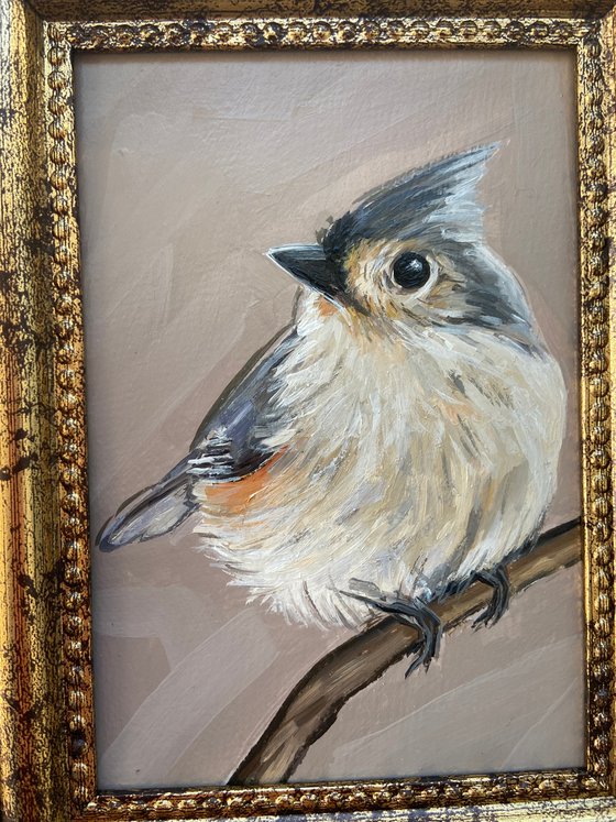 Titmouse Bird painting mini art framed 16x12cm cute mini art