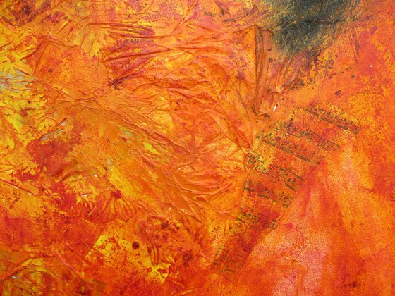 Vulcano on fire abstract red - informel collage painting xl 39x39 inch