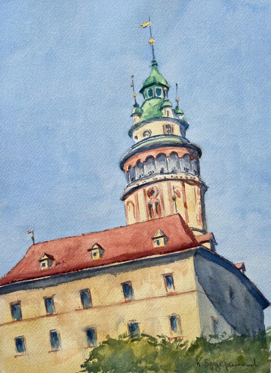 Impressionistic Landscape Watercolour By Krystyna Szczepanowski, 9 X 12", The Castle At ?eski? Krumlov, Original Artwork