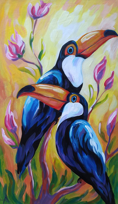 Toucans in love - toucan oil painting, love, flovers, toucan, animals, bird, birds oil painting, gift idea by Anastasia Kozorez
