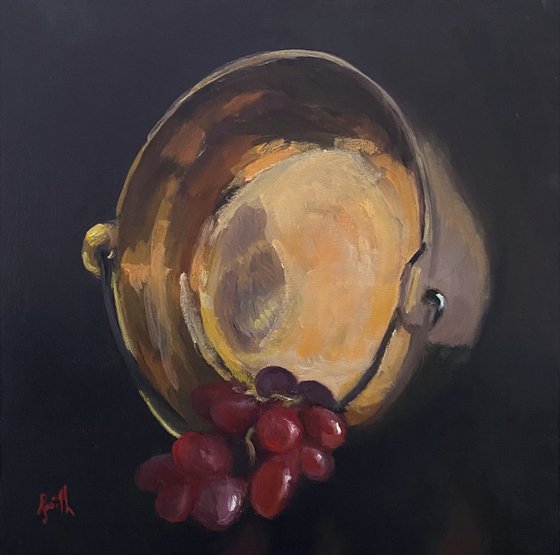 Brass Vintage Pot & Grapes still life original oil painting ideal gift home decor.