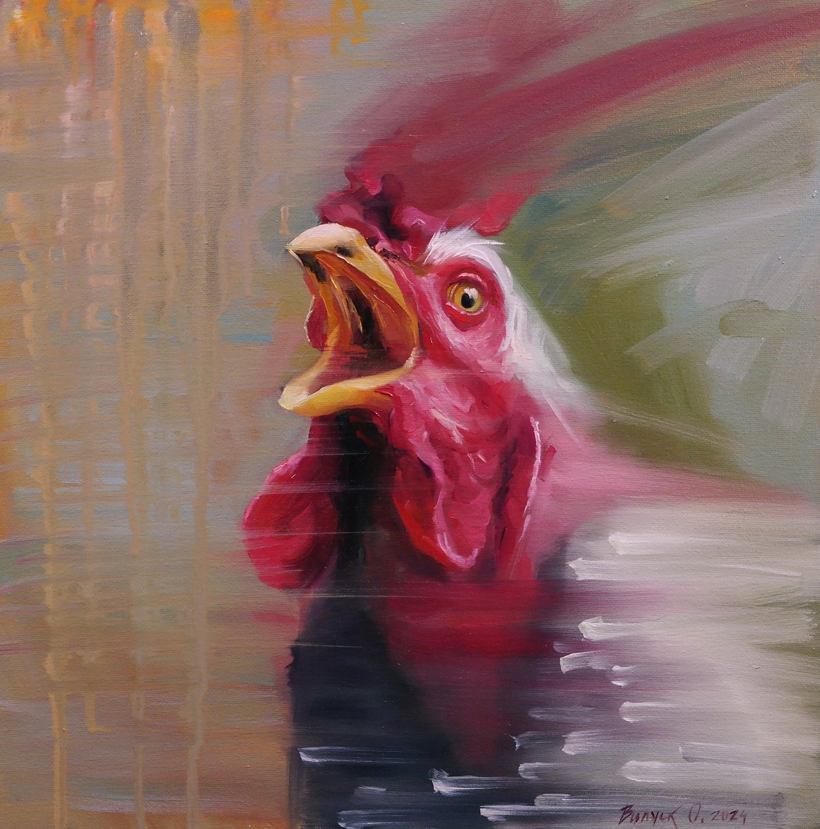 Surrealistic Animal Oil Painting By Lena Vylusk, 16 X 16", "Scream", Original Artwork