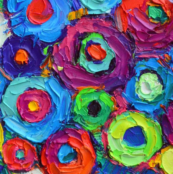 ABSTRACT COLOURFUL FLOWERS OF HAPPINESS - modern impressionism textural impasto palette knife original oil painting by Ana Maria Edulescu