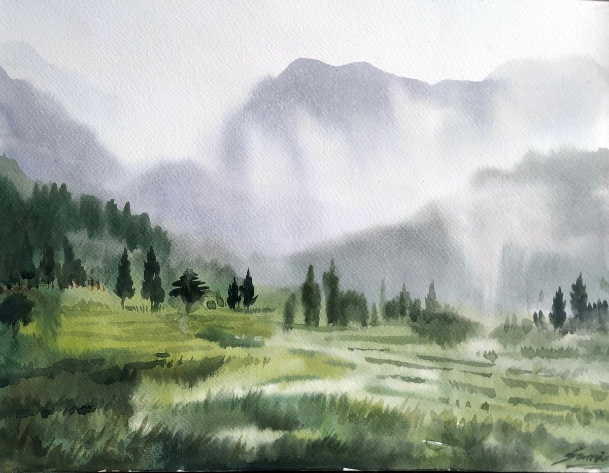 Impressionistic Landscape Watercolour By Samiran Sarkar, 15 X 11", Himalaya At Monsoon, Original Artwork