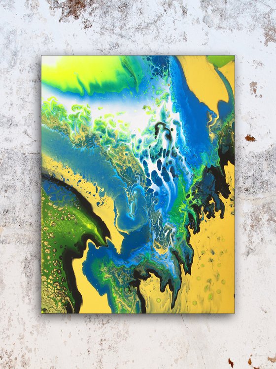 "Neon Waterfall" - Special Price - Original Abstract PMS Fluid Acrylic Painting, 18 x 24 inches