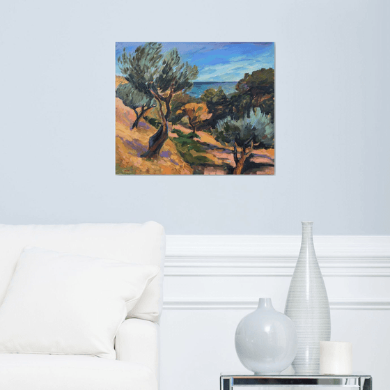 ITALY. GARGANO. OLIVE TREES - original  oil on canvas olive trees Italian landscape sky sea gift home decor