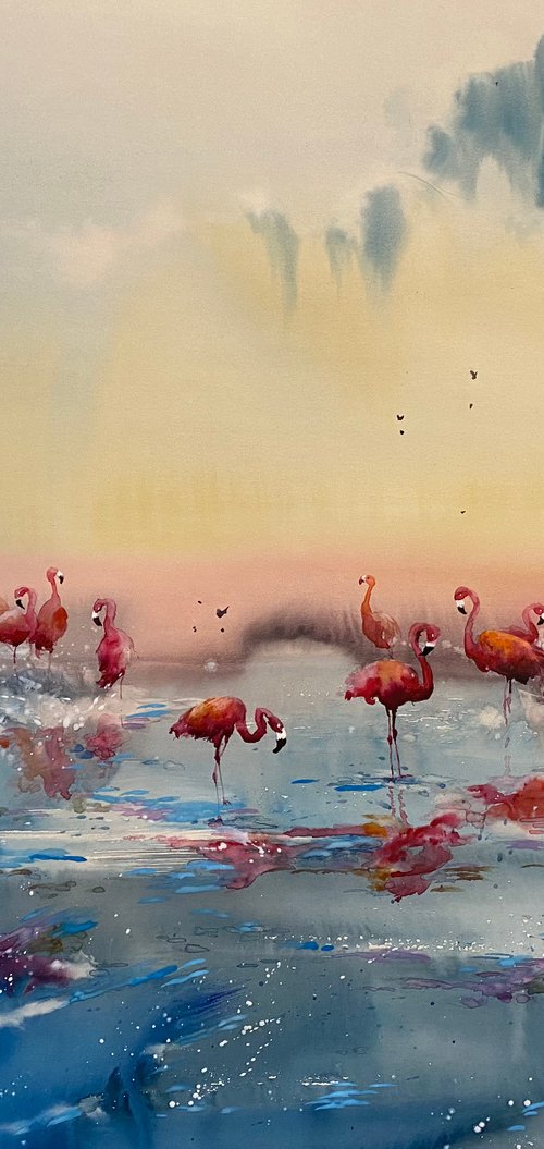 SOLD Watercolor “Flamingos Heaven” perfect gift by Iulia Carchelan