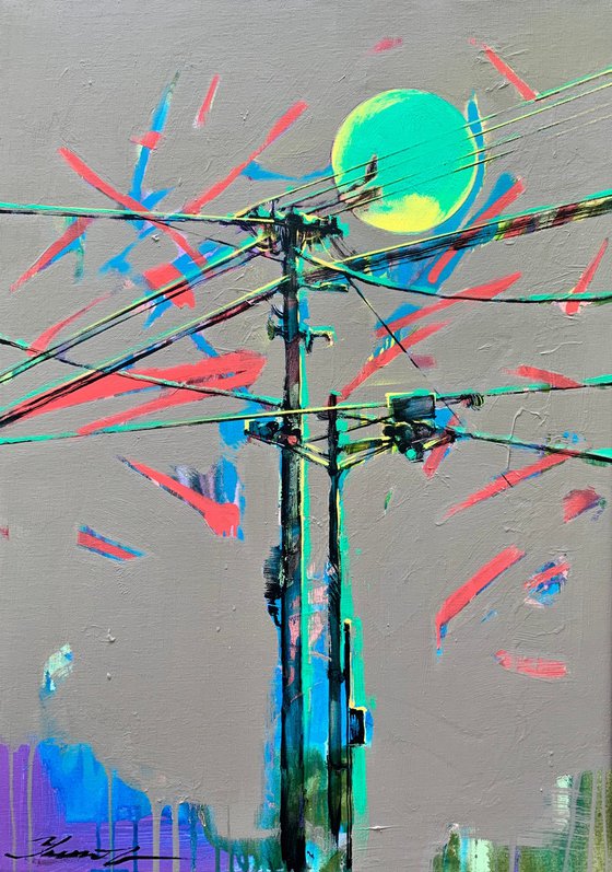 Urban painting - "Green Sun" - Pop art - Bright - Street art - Sunset - City - Street - Grey&Green