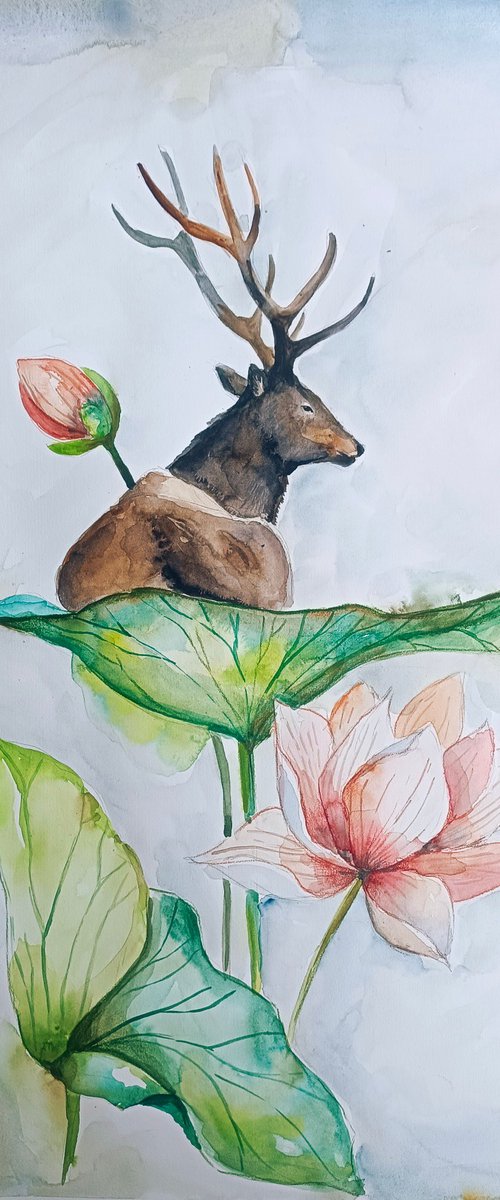 Rebirth. Deer On Water Lily Leaf by Evgenia Smirnova
