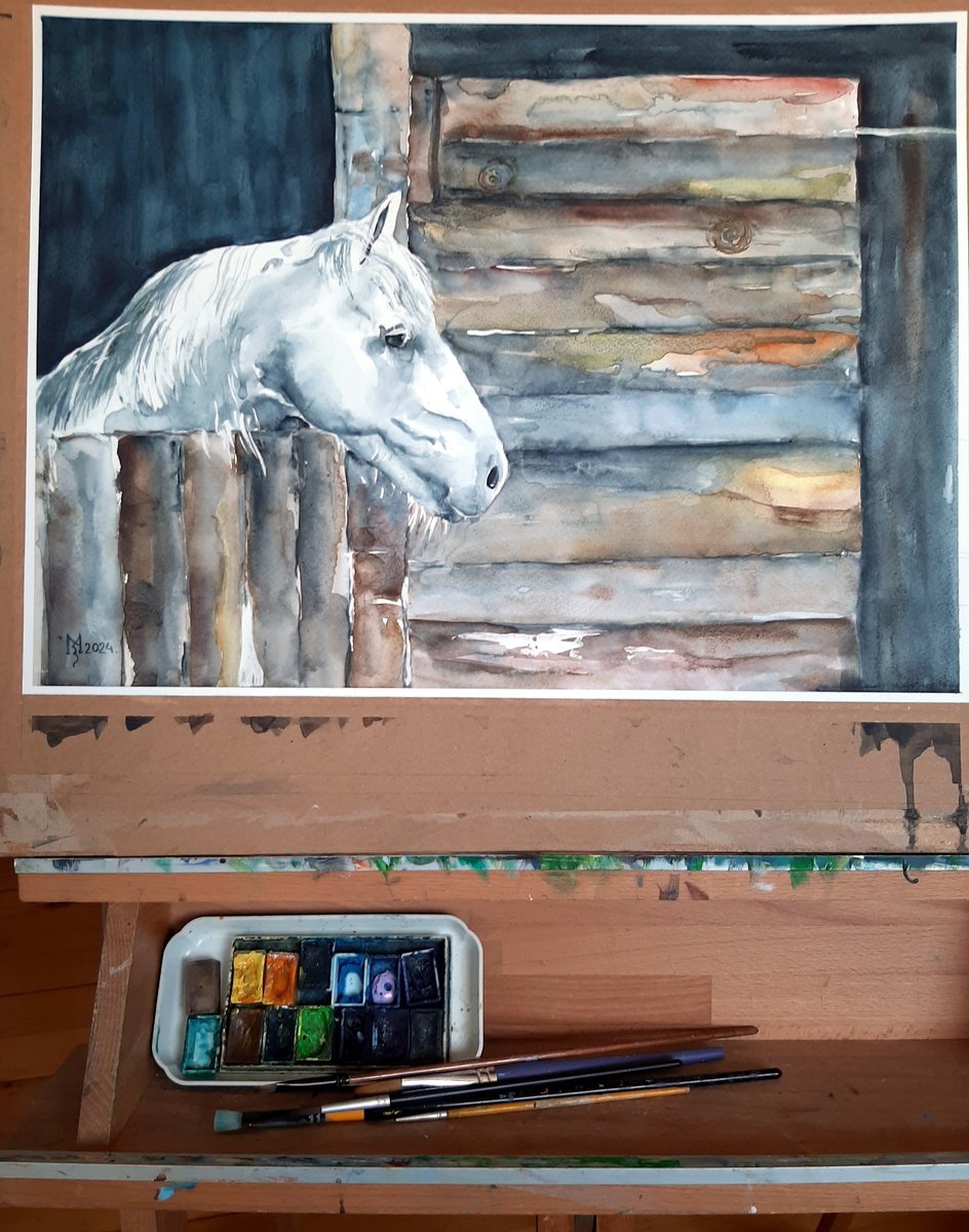 Impressionistic Animal Watercolour By Zoran Mihajlovic Muza, 18 X 13", White Horse, Original Artwork