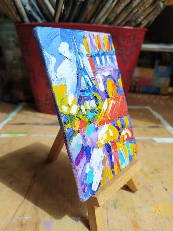 With love from France - small painting, cityscape, postcard, Eiffel Tower, city, gift idea, gift, oil painting, France, Eiffel Tower oil painting