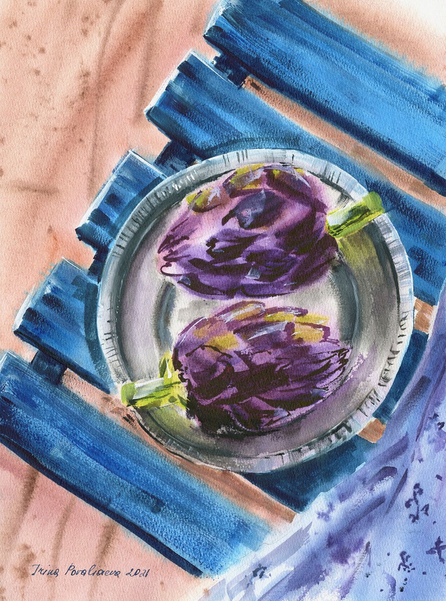 Artichokes on table original watercolor painting, Italian foof painting, purple flowers ar... by Irina Povaliaeva