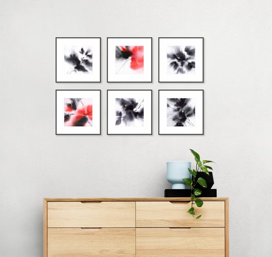 Black ans red abstract flowers Set of 6