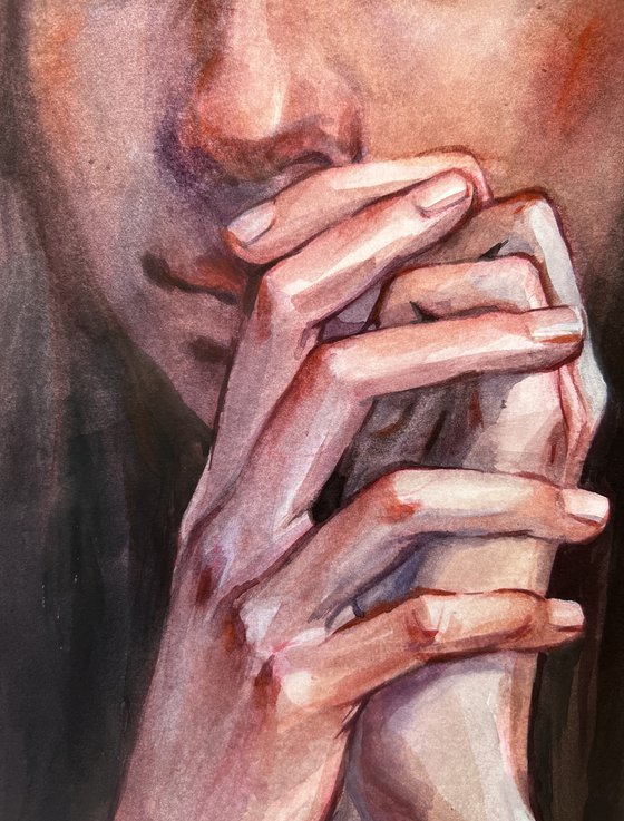 Doubts. Portrait of a woman. Portrait with hands.