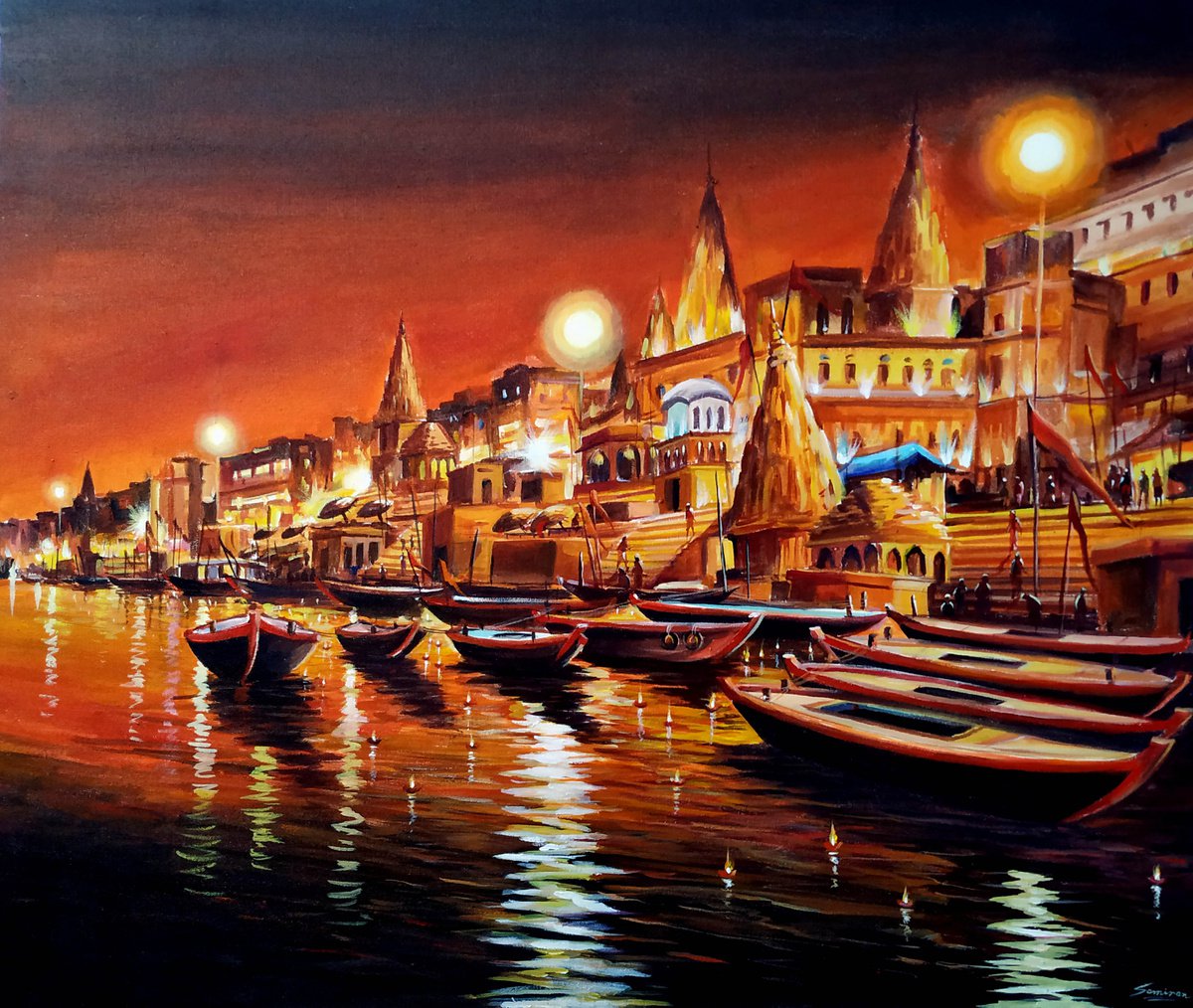 Impressionistic Cityscapes Acrylic Painting By Samiran Sarkar, 36 X 30", Night Varanasi Ghats Iv, Original Artwork