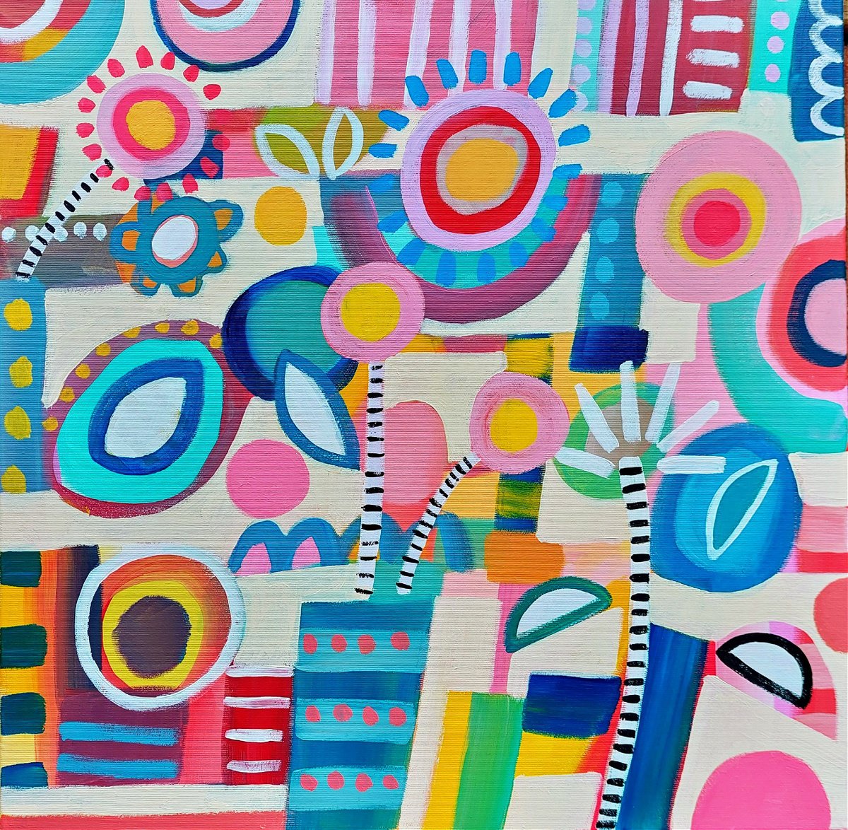 Abstract Botanical Acrylic Painting By Jan Rippingham, 20 X 20, Summer Garden Viii, Original Artwork