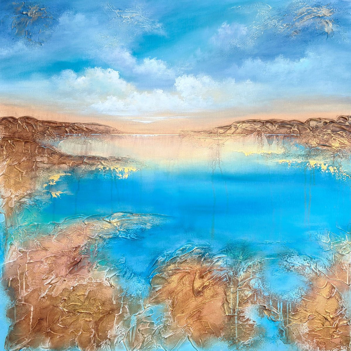 Abstract Landscape Acrylic Painting By Vera Hoi, 35 X 35", "Here Comes The Sun", Original Artwork