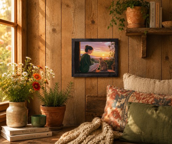 Girl watching the sunset with her tabby cat