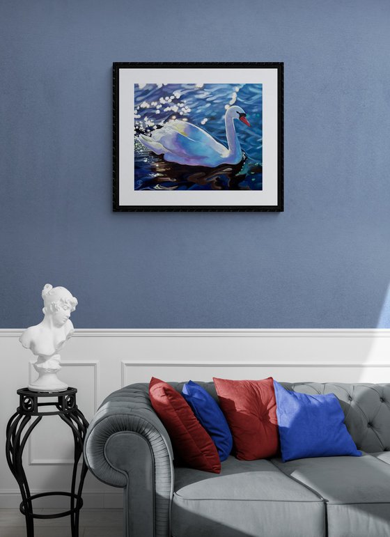 Sunlit Swan Glinting Water