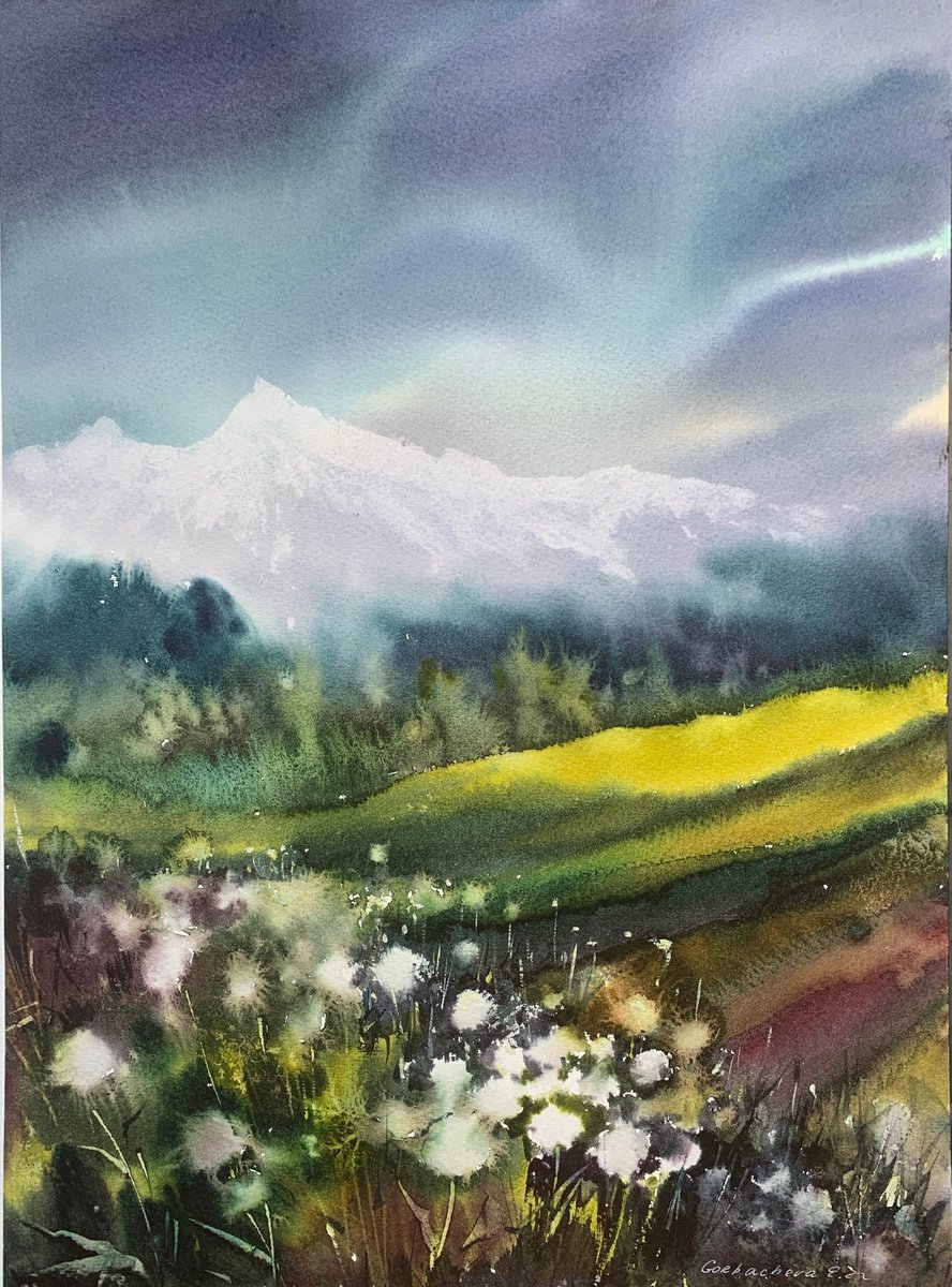 Impressionistic Landscape Watercolour By Eugenia Gorbacheva, 11 X 16, Flowers And Mountains, Original Artwork