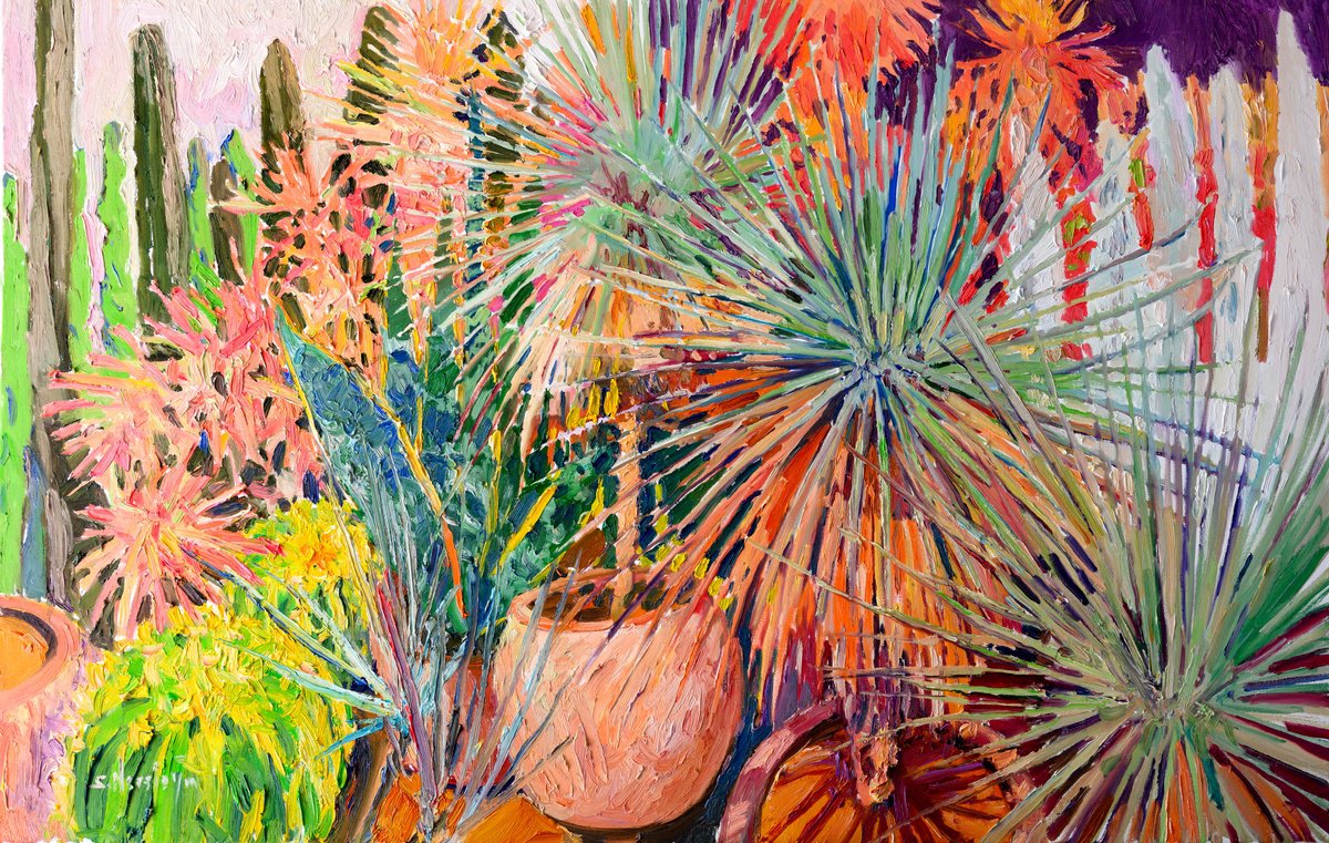 Expressive Botanical Oil Painting By Suren Nersisyan, 48 X 30", Desert Plants, Nursery, Original Artwork