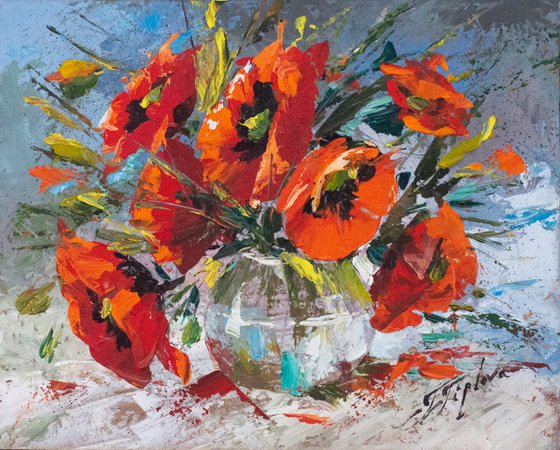 "THE POPPIES IN GLASS VASE"